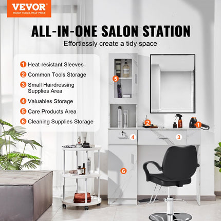 VEVOR Salonstation Wandgemonteerd kapsalonstation voor kappers Beauty Spa-meubelset 1 opbergkast 3 vakken en 2 laden (waarvan één afsluitbaar) Wit 102,8 x 30 x 170 cm