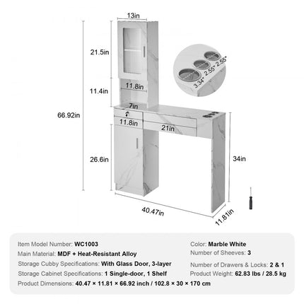 VEVOR Salonstation Wandgemonteerd kapsalonstation voor kappers Beauty Spa-meubelset 1 opbergkast 3 vakken en 2 laden (waarvan één afsluitbaar) Wit 102,8 x 30 x 170 cm