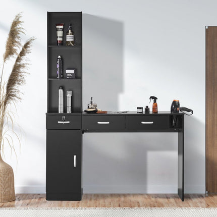 VEVOR Salonstation Wandgemonteerd kapsalonstation voor kappers Beauty Spa-meubelset 1 opbergkast 3 open vakken en 3 laden (waarvan één afsluitbaar) Zwart 129 x 33 x 177 cm
