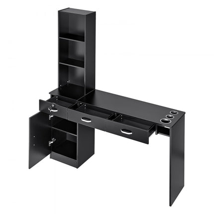 VEVOR Salonstation Wandgemonteerd kapsalonstation voor kappers Beauty Spa-meubelset 1 opbergkast 3 open vakken en 3 laden (waarvan één afsluitbaar) Zwart 129 x 33 x 177 cm