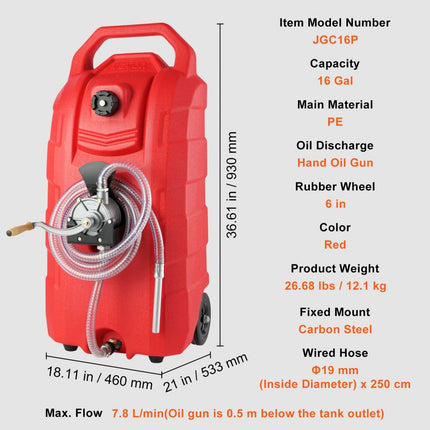 VEVOR brandstofwagen 60L jerrycan benzinejerrycan PE 460x533x930mm gasbrandstoftankcontainer 7,8 L/min Max.debiet vervangende jerrycan benzinetank Geschikt voor diesel, smeerolie, benzine