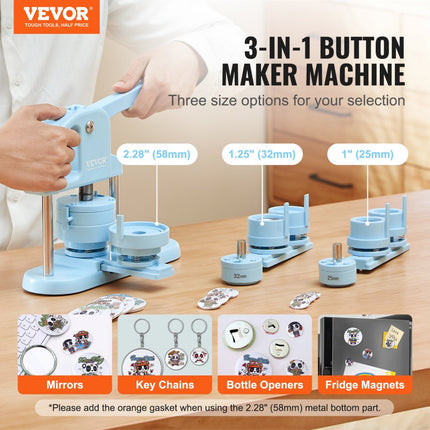 VEVOR Buttonmaker Button Maker Machine, 25/32/58mm 3 in 1 Pinmaker, 300 stuks Button Onderdelen, Buttonmaker Machine met Panda Magic Book, Bow Handle Punch Set voor doe-het-zelf cadeaus voor kinderen