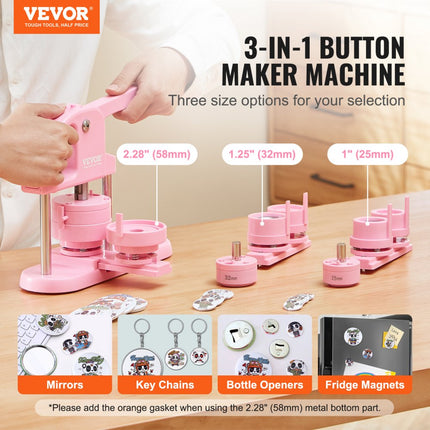 VEVOR Buttonmaker 25/32/58 mm 3-in-1 pinmaker, 300 stuks knoponderdelen, knopenmakermachine met Panda Magic Book, ergonomische ponsset met strikhandvat, voor doe-het-zelfcadeaus voor kinderen