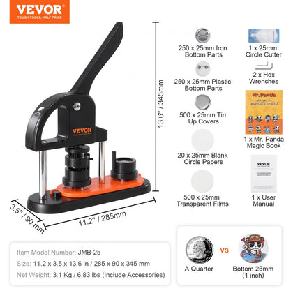 VEVOR knopenmachine knopenmaker machine 25 mm 500 stuks Badgeponspers, knoppers, DIY badgepersmachine knopenbadgemaker voor gepersonaliseerde badges inclusief magisch boek