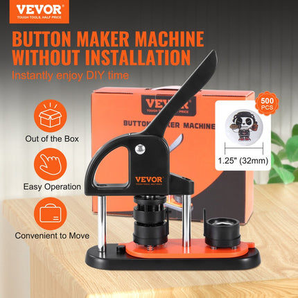 VEVOR knopenmachine knopenmaker machine 32 mm 500 stuks Badgeponsmachine, knopenpers, DIY badgepersmachine knopenbadgemaker voor gepersonaliseerde badges inclusief magisch boek en cirkelsnijder