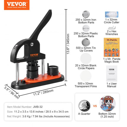 VEVOR knopenmachine knopenmaker machine 32 mm 500 stuks Badgeponsmachine, knopenpers, DIY badgepersmachine knopenbadgemaker voor gepersonaliseerde badges inclusief magisch boek en cirkelsnijder