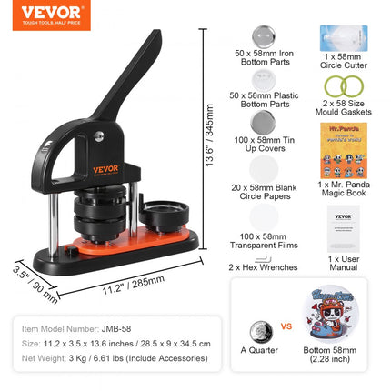 VEVOR knopenmachine knopenmaker machine 58 mm 100 stuks Badgeponsmachine, knopenpers, DIY badgepersmachine knopenbadgemaker voor gepersonaliseerde badges inclusief magisch boek en cirkelsnijder
