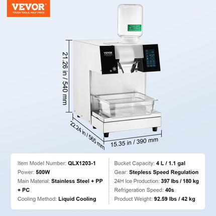 VEVOR Commerciële Sneeuwvlokijsmachine 180kg/24u Ijsscheerapparaat Touch LCD