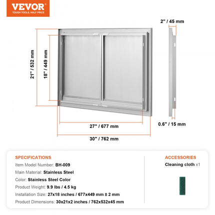 VEVOR Grilltoegangsdeur, 762 x 532 x 45 mm, dubbele buitenkeukendeur, inbouw roestvrijstalen deur, verticale wanddeur met intrekbare handgrepen, voor grilleiland, grillstation, buitenkast, enz.