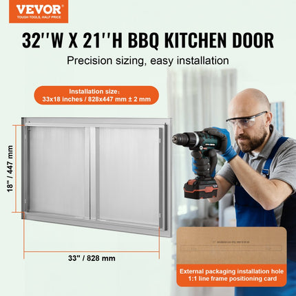 VEVOR Grilltoegangsdeur, 914 x 534 mm, dubbele buitenkeukendeur, inbouw roestvrijstalen deur, verticale wanddeur met intrekbare handgrepen, voor grilleiland, grillstation, buitenkast