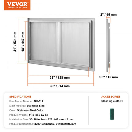 VEVOR Grilltoegangsdeur, 914 x 534 mm, dubbele buitenkeukendeur, inbouw roestvrijstalen deur, verticale wanddeur met intrekbare handgrepen, voor grilleiland, grillstation, buitenkast