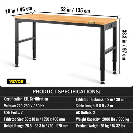 VEVOR in hoogte verstelbare werkbank opspantafel 135x46x97cm werktafel 2000lbs