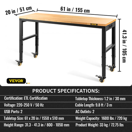 VEVOR in hoogte verstelbare werkbank opspantafel 155x51x105cm werktafel 1600lbs