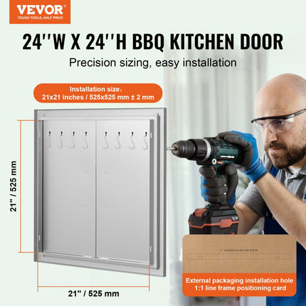 VEVOR Grilltoegangsdeur, 610 x 610 mm, dubbele buitenkeukendeur, inbouw roestvrijstalen deur, dubbelwandige verticale deur met handgrepen en haken, voor grilleiland, grillstation, buitenkast