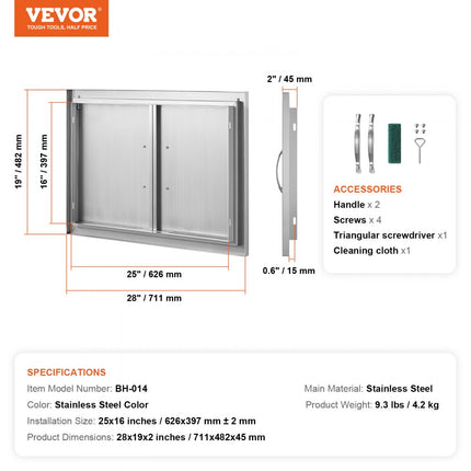 VEVOR Grilltoegangsdeur, 711 x 482 mm, dubbele buitenkeukendeur, inbouw roestvrijstalen deur, verticale wanddeur met handgrepen, voor grilleiland, grillstation, buitenkast
