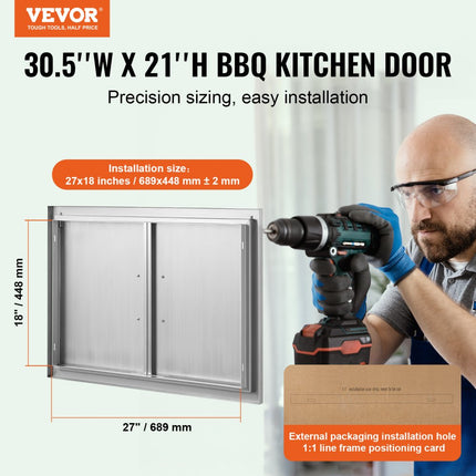 VEVOR Grilltoegangsdeur, 774 x 533 mm, dubbele buitenkeukendeur, inbouw roestvrijstalen deur, verticale wanddeur met handgrepen, voor grilleiland, grillstation, buitenkast