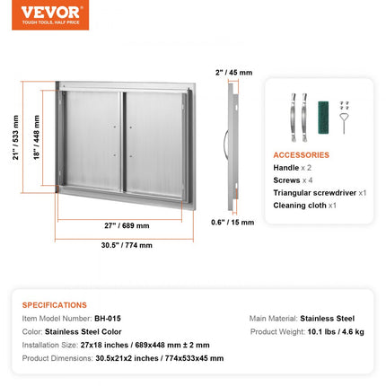 VEVOR Grilltoegangsdeur, 774 x 533 mm, dubbele buitenkeukendeur, inbouw roestvrijstalen deur, verticale wanddeur met handgrepen, voor grilleiland, grillstation, buitenkast