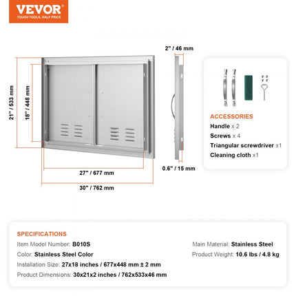 VEVOR Grilltoegangsdeur, 762 x 533 mm, dubbele buitenkeukendeur, inbouw roestvrijstalen deur, verticale wanddeur met handgrepen en ventilatieopeningen, voor grilleiland, grillstation, buitenkast