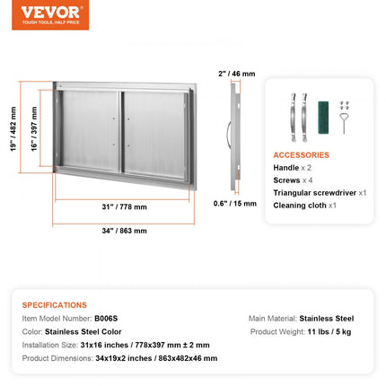 VEVOR Grilltoegangsdeur, 863 x 482 x 46 mm, dubbele buitenkeukendeur, inbouw roestvrijstalen deur, verticale wanddeur met handgrepen, voor grilleiland, grillstation, buitenkast, enz.