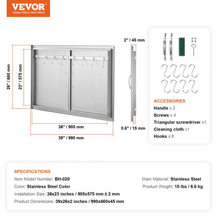 VEVOR Grilltoegangsdeur, 990 x 660 mm, dubbele buitenkeukendeur, inbouw roestvrijstalen deur, verticale wanddeur met handgrepen en haken, voor grilleiland, grillstation, buitenkast