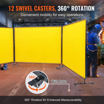 VEVOR 3-delig lasgordijn 1,8 x 2,4 m lasbeschermingsgordijn van vlamvertragend vinyl lasbeschermingswand met 12 zwenkwielen en een 6-traps UV-werende lasdeken lasbescherming geel