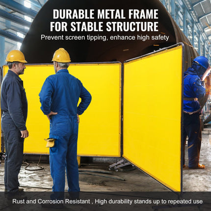 VEVOR 3-delig lasgordijn 1,8 x 2,4 m lasbeschermingsgordijn van vlamvertragend vinyl lasbeschermingswand met 12 zwenkwielen en een 6-traps UV-werende lasdeken lasbescherming geel