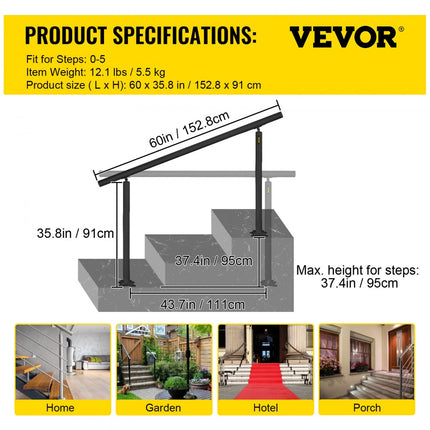 VEVOR Balustrade Trap Trapleuning Kit 0-5 Stappen Buiten Trapleuning 152,8 x 91 cm Pijp Trapleuning van Aluminium met Voorgeboorde Gaten