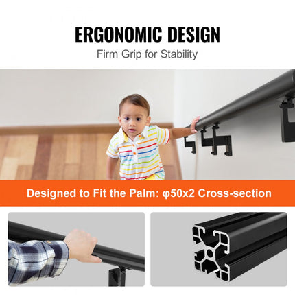 VEVOR Leuning Gemakkelijk te onderhouden trapleuning van aluminiumlegering 2133,6 mm balustrade Trap 199,6 kg Draagvermogen 806-333-806 mm Afstand tussen de kolommen Borstwering Balkonleuning