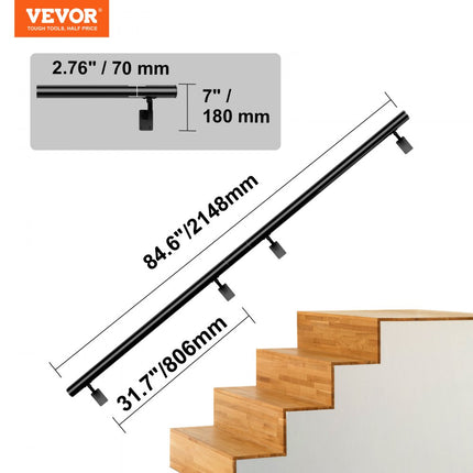 VEVOR Leuning Gemakkelijk te onderhouden trapleuning van aluminiumlegering 2133,6 mm balustrade Trap 199,6 kg Draagvermogen 806-333-806 mm Afstand tussen de kolommen Borstwering Balkonleuning