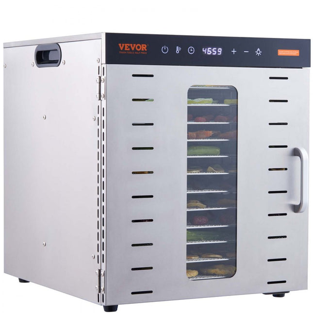 VEVOR 1000 W dehydrator roestvrij staal, 300 x 280 mm 10 stuks dienbladen 360° droog, dehydrator, 30-90℃ temperatuurregeling, 0,5 tot 48 uur timer, oververhittingsbeveiliging, receptenboekje voor vlees, fruit, groenten