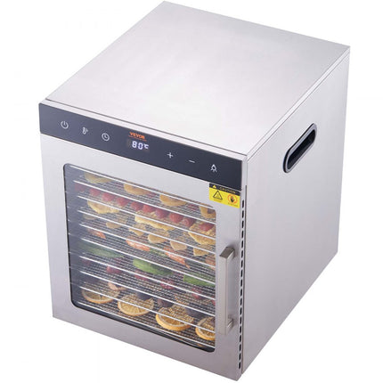 VEVOR 800 W dehydrator roestvrij staal, 300 x 280 mm 10 stuks dienbladen 360° droog, dehydrator, 30-90℃ temperatuurregeling, 0,5 tot 48 uur timer, oververhittingsbeveiliging, receptenboekje voor vlees, fruit, groenten