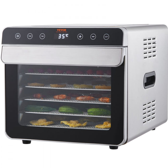 VEVOR 700 W dehydrator roestvrij staal, 300 x 280 mm 6 stuks dienbladen 360° droog, dehydrator, 35-85℃ temperatuurregeling, 0,5 tot 48 uur timer, oververhittingsbeveiliging, receptenboekje voor vlees, fruit, groenten