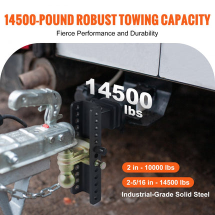 VEVOR trekhaak, 10" drop en 8,5" rise, kogelmontage met 2,5" massieve ontvangerbuis, 14.500 lbs GTW, 2" en 2-5/16" 45# stalen trekkogels met sleutelslot