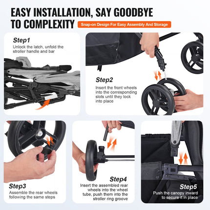 VEVOR twin kinderwagen broer/zus kinderwagen opvouwbaar 120x53,5x102cm donkergrijs