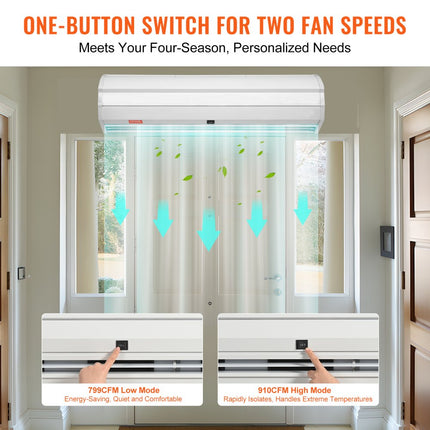 VEVOR 3ft luchtgordijn voor binnen, 2 snelheden, 1528 m3/u, wandgemonteerd luchtgordijn voor deuren, plafondventilator voor binnen, met zware eindschakelaar