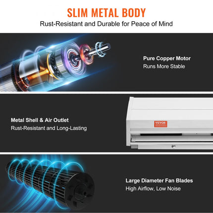 VEVOR 3ft luchtgordijn voor binnen, 2 snelheden, 1528 m3/u, wandgemonteerd luchtgordijn voor deuren, plafondventilator voor binnen, met zware eindschakelaar