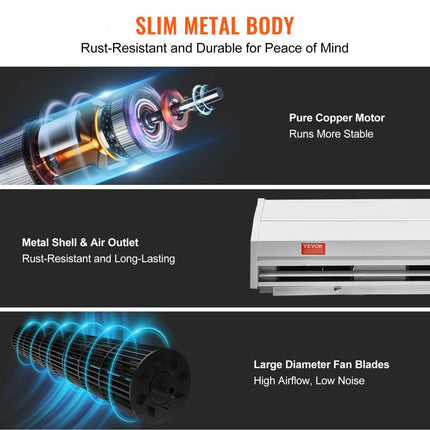 VEVOR 1,2 m luchtgordijn voor binnen, 2 snelheden, 2038 m3/u, wandgemonteerd luchtgordijn voor deuren, bovendeurventilator met zware eindschakelaar