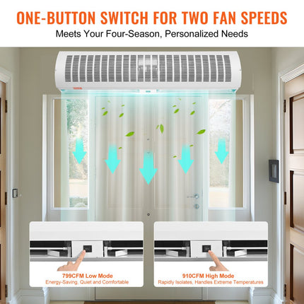 VEVOR 1,2 m luchtgordijn voor binnen, 2 snelheden, 2802 m3/u, wandgemonteerd luchtgordijn voor deuren, bovendeurventilator met zware eindschakelaar