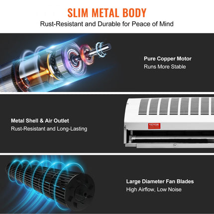 VEVOR 1,2 m luchtgordijn voor binnen, 2 snelheden, 2802 m3/u, wandgemonteerd luchtgordijn voor deuren, bovendeurventilator met zware eindschakelaar
