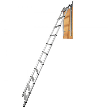 VEVOR telescopische ladder 158,8 kg trap 11 treden installatiehoogte van 300 tot 320 cm vouwladder aluminium + hout schuifladder met volautomatische veiligheidsvergrendeling zolderladder