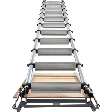 VEVOR telescopische ladder 158,8 kg trap 11 treden installatiehoogte van 300 tot 320 cm vouwladder aluminium + hout schuifladder met volautomatische veiligheidsvergrendeling zolderladder