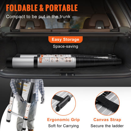 VEVOR telescopische ladder, uitschuifbaar, 380 cm hoog, vouwladder, draagvermogen 170 kg