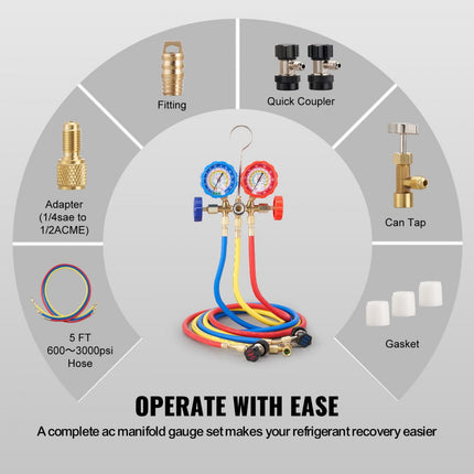 VEVOR Koelmiddel Manometer 3-Weg Auto Koelmiddel Manometer Set, R134A-R22-R12-R502 AC 4 Stuks 5 Voeten Laadslangen Koelmiddel Manometer AC Diagnostische Hulpmiddelen Auto Airconditioning