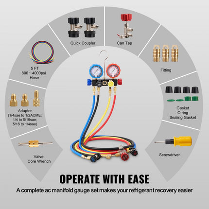 VEVOR Koelmiddel Manometer 4-Way Auto Koelmiddel Manometer Set, R134A-R12-R410A-R22 AC 4 Stuks 5 Voeten Laadslangen Koelmiddel Manometer AC Diagnostische Hulpmiddelen Auto Airconditioning