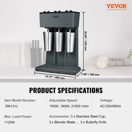VEVOR Pro Drinkmixer 1125 W 820 ml milkshakemachine met één kop, 3 snelheden instelbaar 15000 / 18000 / 21000 rpm, roestvrijstalen beker melk- en eiwitshake, drankmixer, cocktail