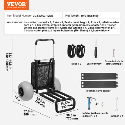 VEVOR strandwagen, handkar, zandkar, strandwagen, 74,84 kg laadvermogen, opvouwbare zandkar van aluminium, 685 tot 1135 mm, in hoogte verstelbaar, robuuste kar voor op het strand