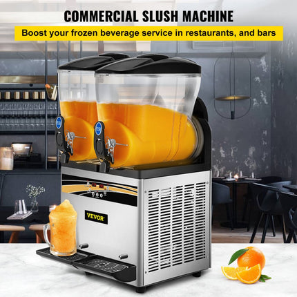 VEVOR Frozen Drink Machine 2X15 L Commerciële Slush Machine 890W Margarita Machine van Roestvrij Staal, PC en ABS met Efficiënt Koelen, 3 Zijden Effectief Warmteafvoer Perfect voor Ijskoude Drankjes