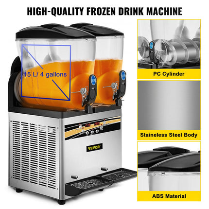 VEVOR Frozen Drink Machine 2X15 L Commerciële Slush Machine 890W Margarita Machine van Roestvrij Staal, PC en ABS met Efficiënt Koelen, 3 Zijden Effectief Warmteafvoer Perfect voor Ijskoude Drankjes