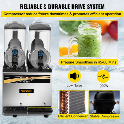 VEVOR Frozen Drink Machine 2X15 L Commerciële Slush Machine 890W Margarita Machine van Roestvrij Staal, PC en ABS met Efficiënt Koelen, 3 Zijden Effectief Warmteafvoer Perfect voor Ijskoude Drankjes