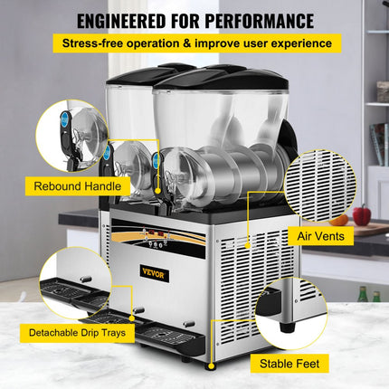 VEVOR Frozen Drink Machine 2X15 L Commerciële Slush Machine 890W Margarita Machine van Roestvrij Staal, PC en ABS met Efficiënt Koelen, 3 Zijden Effectief Warmteafvoer Perfect voor Ijskoude Drankjes